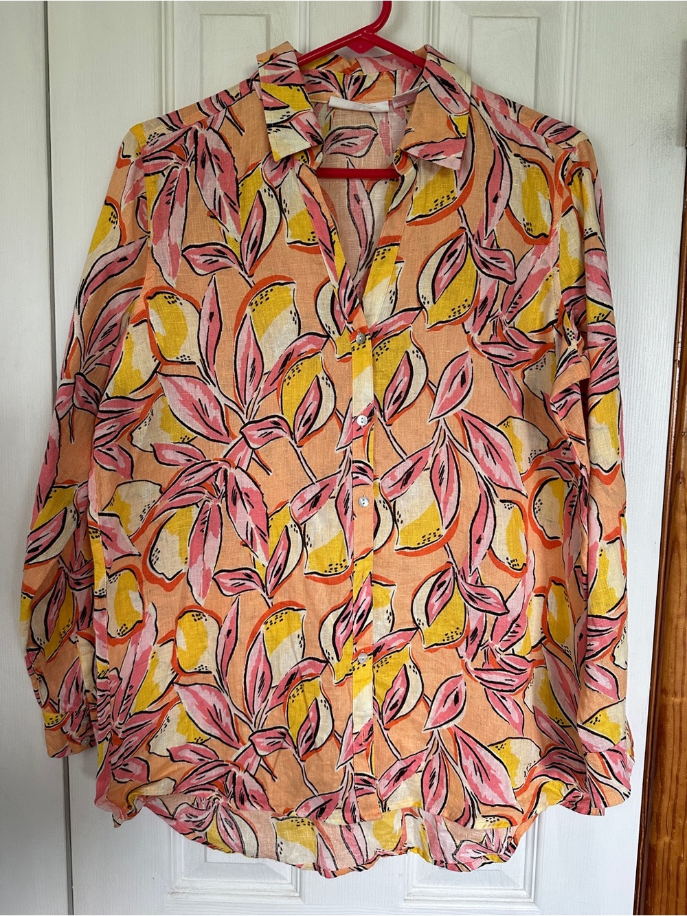 Isaac Mizrahi Peach Button-Down Shirt with Pink and Yellow Leaf Print